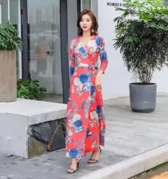 花柄ワンピース 巻きタイプワンピース ラップワンピース 華やか 着痩せ ロング