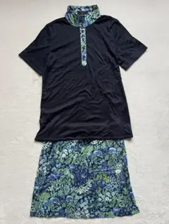 DAKS ダックス M スカートセットアップ上下 半袖ポロシャツ 紺ネイビー花柄