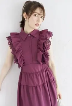 【トッコクローゼット】新品フラワーレース×フリル付きティアードシャツワンピース