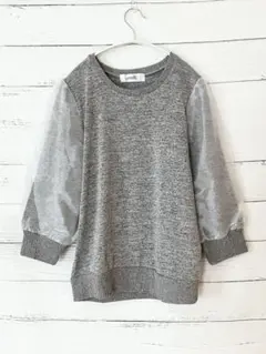 zootie 袖オーガンジー重ね　ニットトップス　杢グレー　チュール