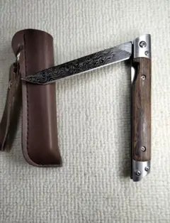 ライナーロック式・ダマスカス調 折りたたみナイフ 木製ハンドル