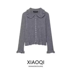 フリル　ビッグカラー　カーディガン　グレー