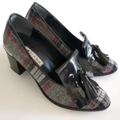 極美品★ダイアナ パンプス チャンキーヒール チェック柄 タッセル 23.5cm