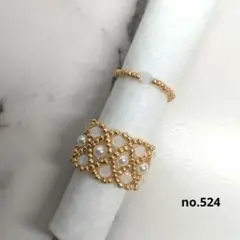 no.524ハンドメイド ビーズリングホワイトオパール×パール ゴールド