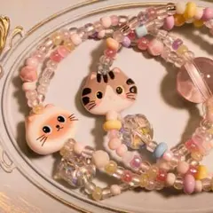 サバトラ・シャム猫ブレスレット【２本セット】ガラスビーズ　アクセサリー