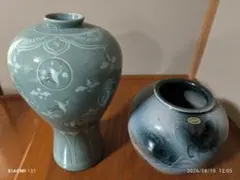 青磁 花瓶 2点セット 鶴文様 陶器のサムネイル