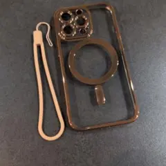 iPhone14 / 13 ケース ゴールド MagSafe ストラップ付