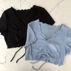 SHEIN トップス ショート丈 クロップドTシャツ（黒・水色）2枚セット