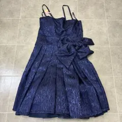 【美品】 キャミソールワンピースドレス 青 パット リボン 付き