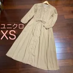 ★美品 ユニクロ Vネックロングシャツワンピース（長袖）ベージュ XS