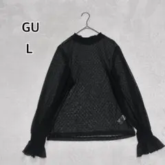 GU シアー ドット ハイネック ブラウス (L) 黒 透け感 フリルi5870