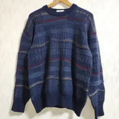 【レトロ古着】90s　ダークカラー　ネイビー系　ニットセーター　3D立体風日本製