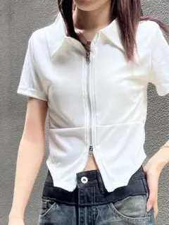ホワイト半袖ジッパーポロシャツ