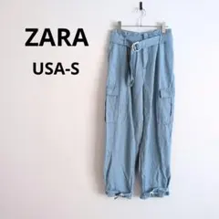 ZARA▶デニム調カーゴパンツ 水色 ベルト付き リネン混 Sのサムネイル