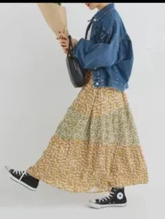 ✨️サマンサモスモス 花柄パッチワーク ティアードスカート ロング ギャザー 春