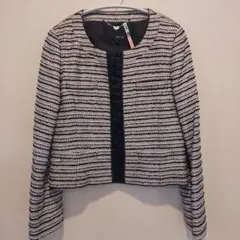 ノーカラー ツイードジャケット 白黒ストライプ