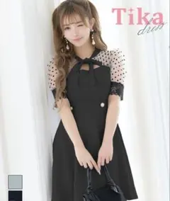 tika ドレス シアードット半袖ネックリボンフレアミニドレス ブラック
