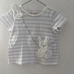 petit mainウサギ刺繍付きストライプTシャツ