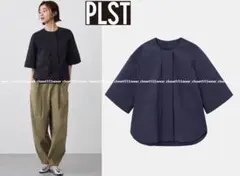 2026 新品PLSTプラステ☆ハイストレッチナイロンワイドスリーブブラウスM紺のサムネイル