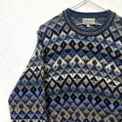 デザインニット　総柄　アルパカ100%　ヴィンテージ　レトロ　ブルー　ダイヤ