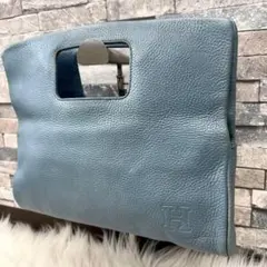 HIROFU ヒロフ シボ革ハンドバッグ レザートートバック クラッチバック 青のサムネイル