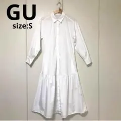 GU ジーユー 長袖シャツワンピース ロングワンピース ホワイト フレア S