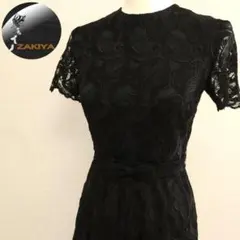 ヴィンテージ　ロングフレアワンピース　ドレス　総レース　半袖　リボン付ベルト　黒