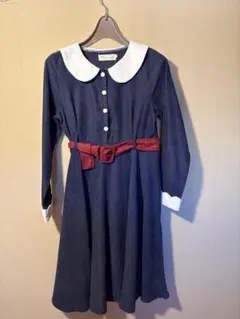 favoriteネイビー 長袖 ワンピース 襟付き ベルト付き