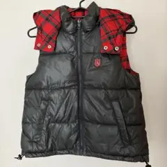 黒/赤チェック ダウンベスト フード付き 140cm
