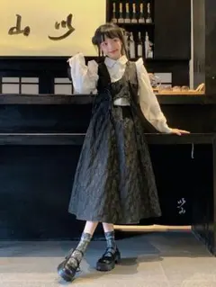 黒 ジャンパースカート ワンピース 花柄ジャガード ノースリーブ ロング丈