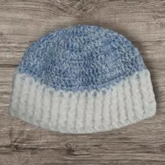 クロシェハット　ハンドメイド　編み物　ビーニー　ニット帽　寒色系