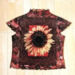 Lascolinas シアーカットソー ラインストーン 半袖 メッシュ ひまわり