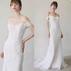 オフショルダー マーメイドドレス レース 刺繍 ロングトレーン 前撮り 二次会