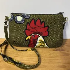 【ハンドメイド】アフリカ布 鶏とひよこのデザインポシェット
