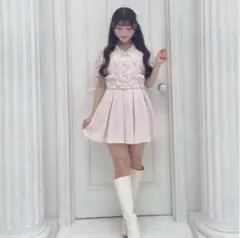 evelyn 襟ビジュー　ツイード　セットアップ　ピンク