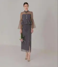 Leja ドレス スパンコール 刺繍 ビジューボタン フレアスリーブ グレー M