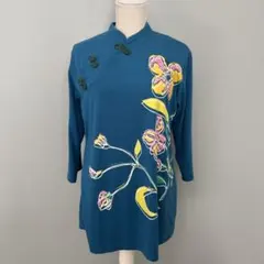 太極拳服、チャイニーズ、花柄七分袖チュニック
