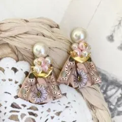 パール調カボションとインド刺繍リボンのチャラチャラタッセルピアス 匿名配送