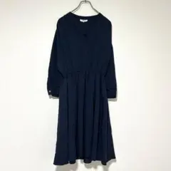 n1037【ナチュラルビューティーベーシック】Aラインフレアワンピース 紺 S