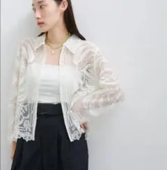 アダムエロペ　クロップドレースシャツ　ホワイト　長袖　ブラウス　シアー　白　刺繍のサムネイル