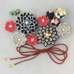 つまみ細工 和装髪飾り 七五三 成人式 黒× 紺×和柄　鈴リボン x9点セット