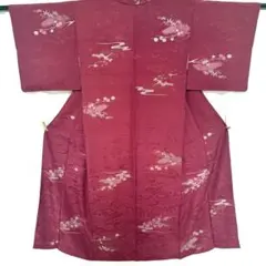 6k309 着物　正絹　袷　織の小紋　赤　銀色　柄物　和装