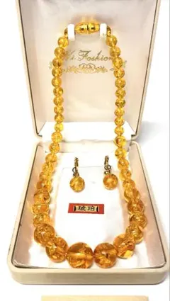 未使用　高級　越後　琥珀 ネックレス イヤリング 計3点 セット 総重量約34g