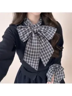 チェック柄ボウタイ袖リボンニットトップス