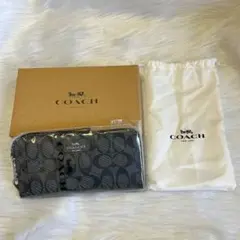 新品✨COACH 長財布 シグネチャー 黒×グレー ラウンドファスナー 付属品付