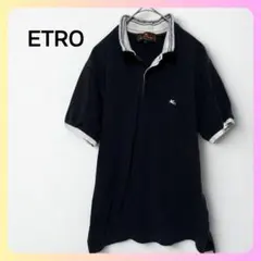 【セール✨ETRO エトロ】黒ポロシャツ Sサイズ 襟＆袖ボーダー ロゴ刺繍付き