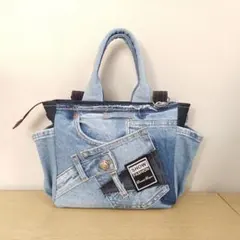 デニムトートバッグ デニムリメイク サイドポケット付き