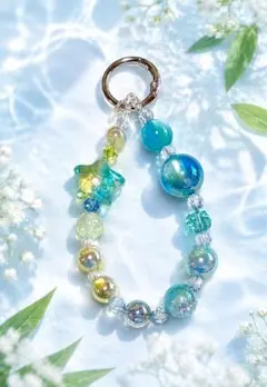 海辺の輝き ハンドメイド ビーズストラップ キーホルダー