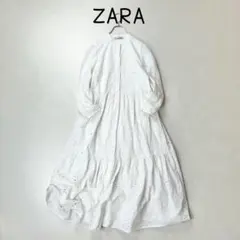 ZARA バンドカラー　刺繍　カットワークレース　ワンピース　袖透け