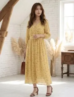 新品 COLZA 花柄 Vネック 夏ロングワンピース イエローのサムネイル
